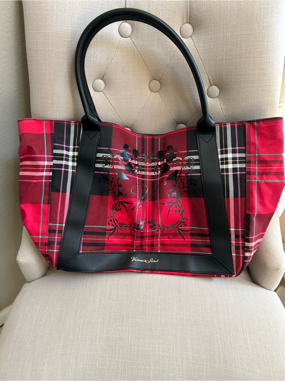 Victoria's Secret Red Plaid Tote with Black Trim and Floral Accent